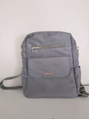 Small Gray Nylon Backpack with Gold Accents